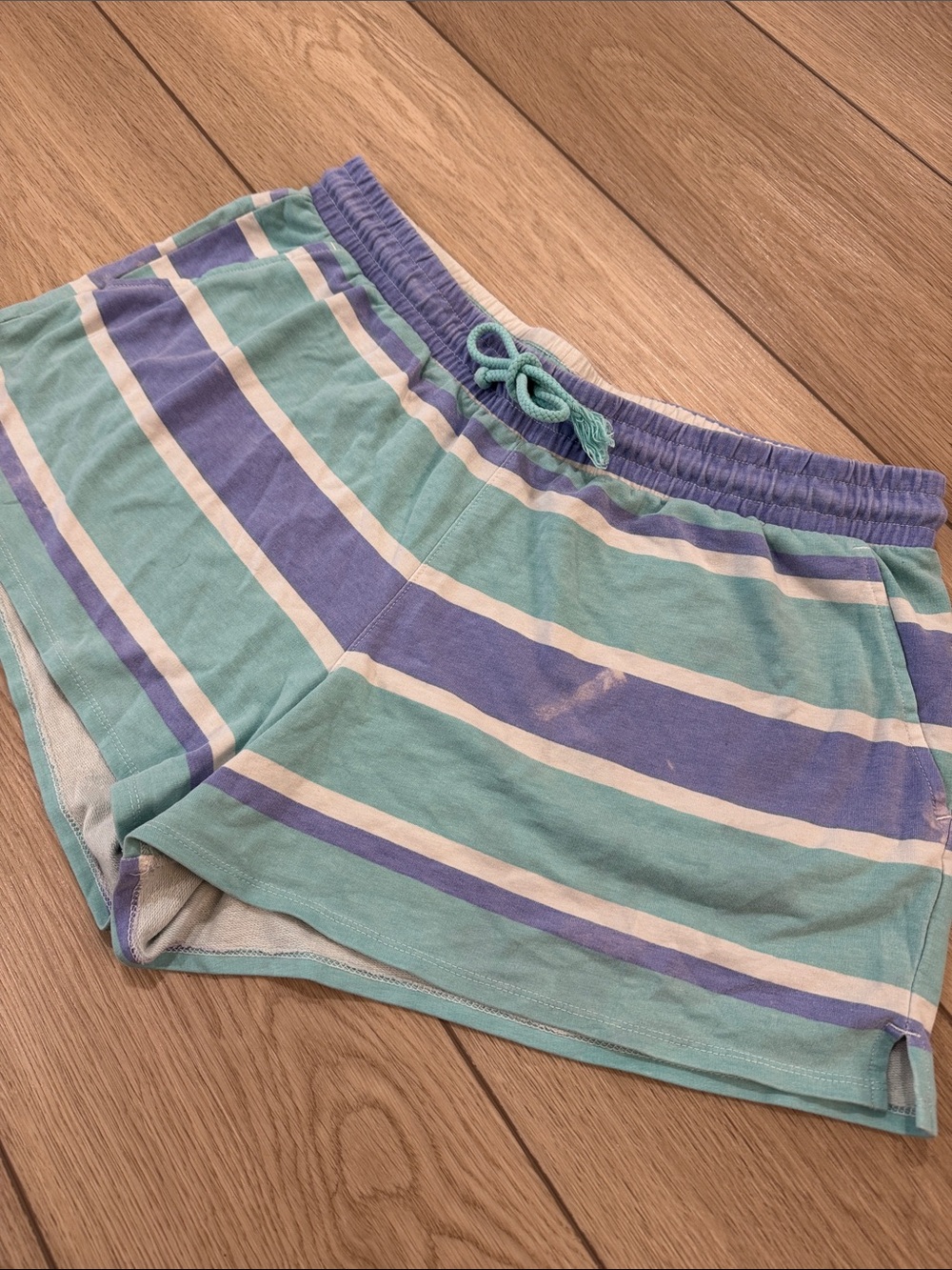 WILDFOX Blue Stripe Lounge Shorts Sz L Distressed Beachy Comfy Loungewear
